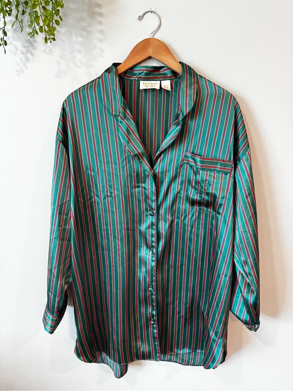Victoria's Secret Green Satin Striped Button-Up Blouse Sz L